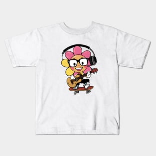 Skater Sunflower Playing Ukulele Cartoon Kids T-Shirt